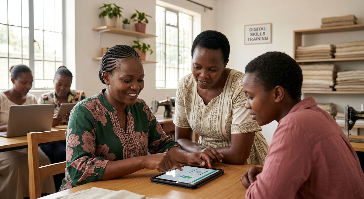 Women learning digital skills together on laptops and tablets